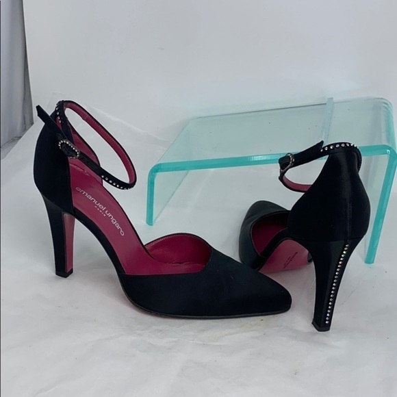 Emanuel Ungaro Sz 7 Black Satin w/Crystals Heels - Picture 1 of 15